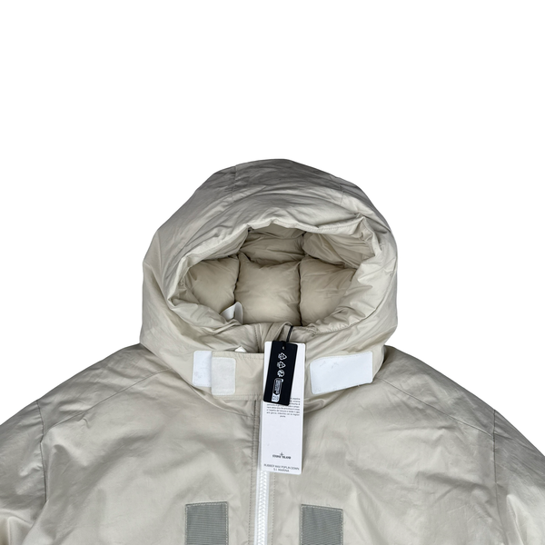 Stone Island 2023 Marina Cream Reflective Strips Puffer Rubber Wax Poplin Down S.I. Marina Jacket - XXL