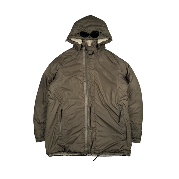 CP Company Reversible Thick Nylon Khaki Goggle Fleece Lined Hooded Jacket - Large