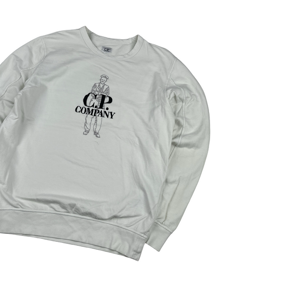 CP Company White Spellout Graphic Crewneck Jumper - Large