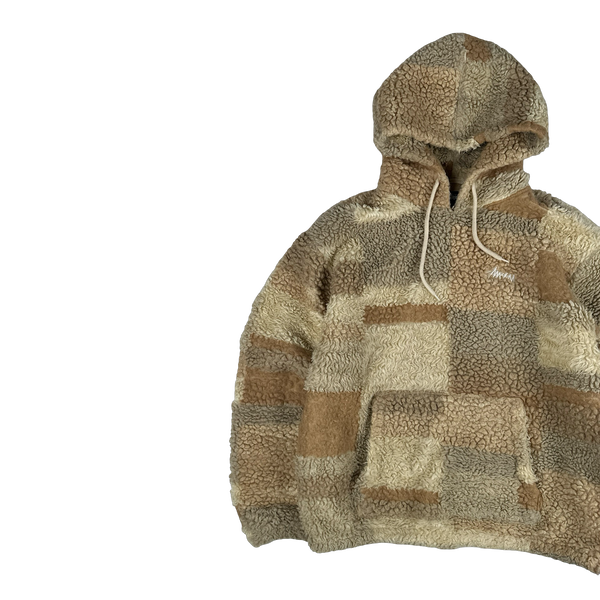 Stussy Teddy Fleece Hooded Spellout Pullover Jumper - Large