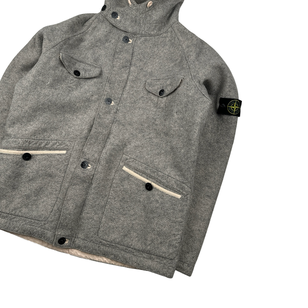 Stone Island 2005 Grey Multi Pocket Felt Hooded Jacket - XL