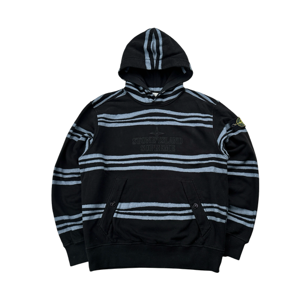 Stone Island x Supreme 2020 Black Warped Striped Hoodie Medium - Main Image