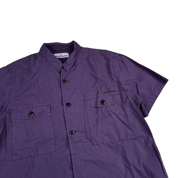 Stone Island 2014 Purple Cotton Spellout Buttoned Short Sleeve Shirt - XL