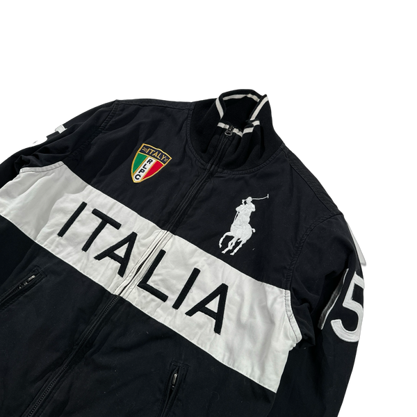 Ralph Lauren Black ITALIA Embroidered Big Logo Spellout Zipped Jacket - Small