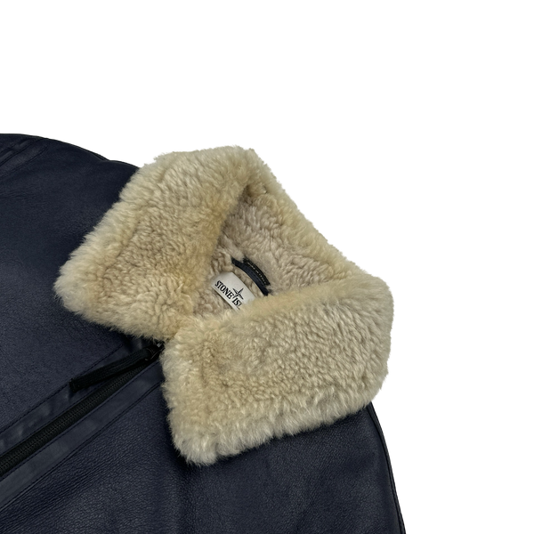 Stone Island 2014 Navy Hand Painted Leather Sheepskin Shearling Jacket - XL