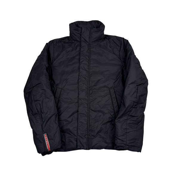 Prada Black Resin Coated Red Tab Nylon Quilted Jacket - Medium