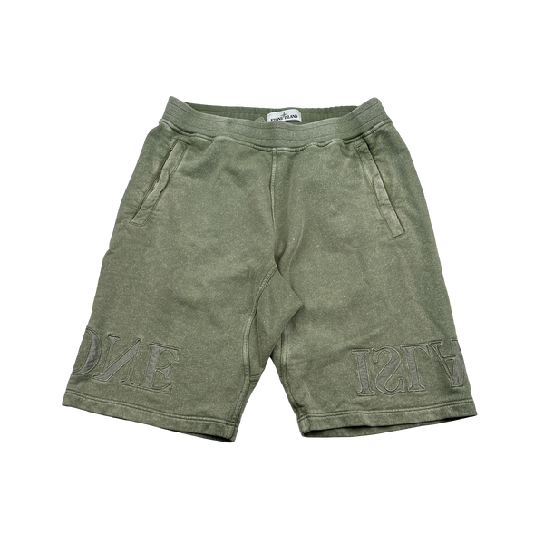 Stone Island 2020 Green Dust Coloured Embroidered Spellout Shorts Set - Medium