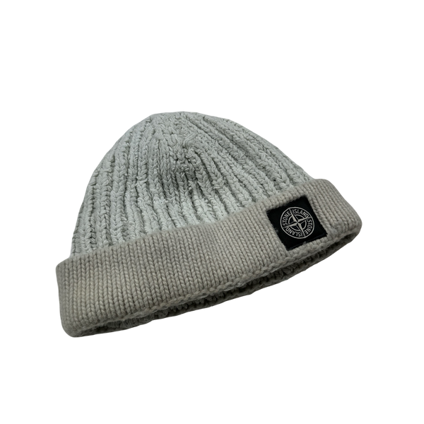 Stone Island White Wool Dual Material Patch Beanie