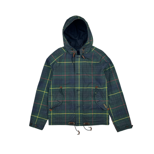 Ralph Lauren Green Tartan Waxed Cotton Hooded Jacket - Small
