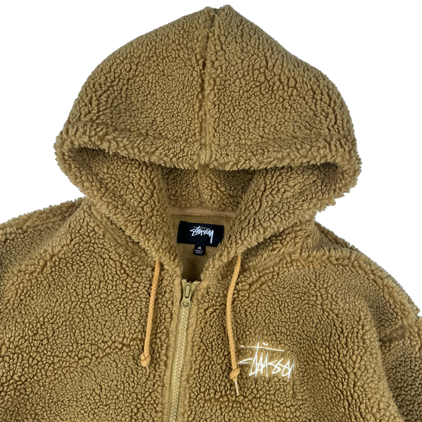 Stussy Teddy Fleece Zipped Hooded Spellout Jumper - Medium
