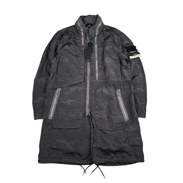 Stone Island 2020 Grey Striped Nylon Metal Long Jacket - Large