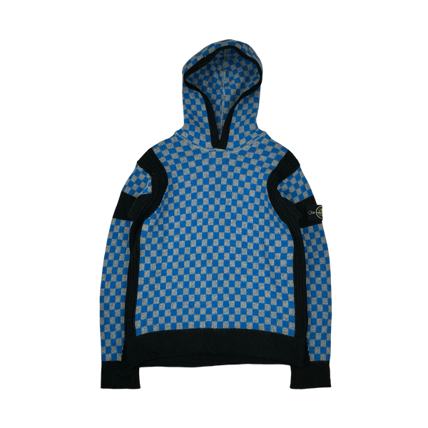 Stone Island 2010 Blue Checkered Sample Wool Knit Hoodie VERY RARE - Large