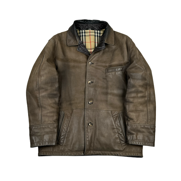 Burberry Leather Nova Check Lined Collared Jacket - Medium