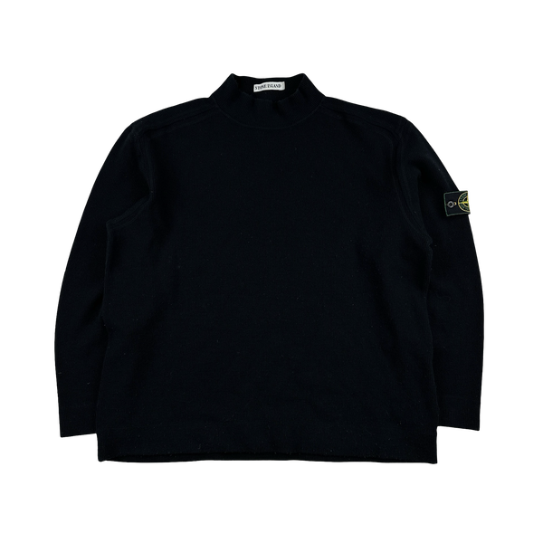 Stone Island 1999 Black Ribbed Wool Vintage Pullover Mock Neck Jumper - Large