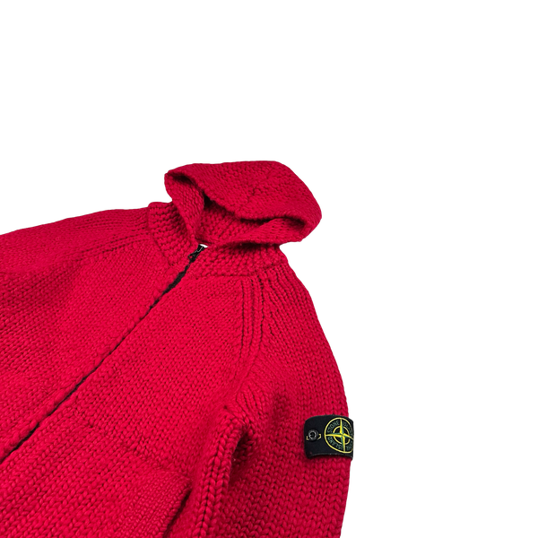 Stone Island 2022 Red Heavyweight Wool Knitted Zipped Hoodie - Large