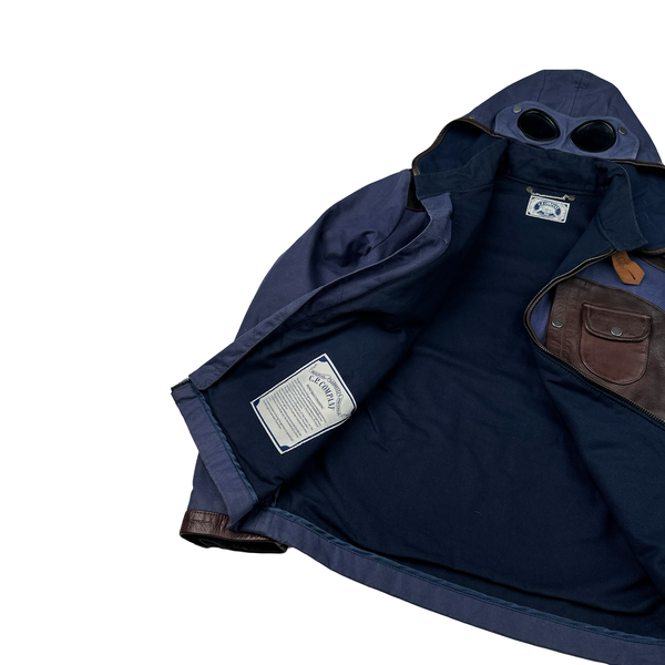 CP Company Blue/Brown Leather Hand Wax Finishing Goggle Jacket - Medium