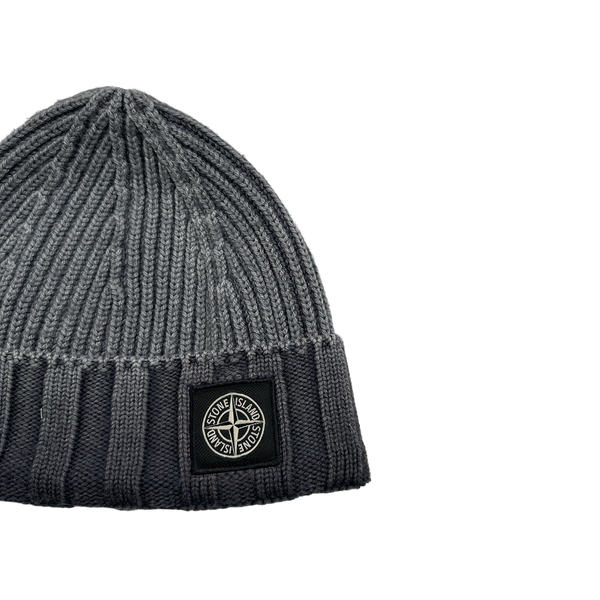Stone Island 2017 Grey Frost Ribbed Wool Logo Beanie Hat