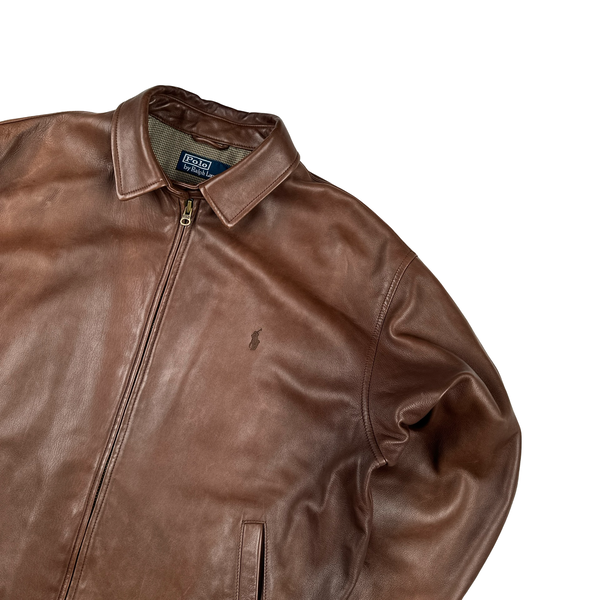 Ralph Lauren Brown Collared Lambskin Leather Jacket - Large
