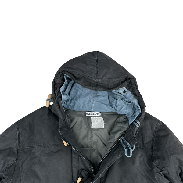 Stone Island 1999 Navy Vintage Waxed Cotton Long Puffer Parka Jacket - Small