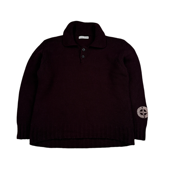 Stone Island Burgundy 1998 Vintage Wool Compass Knit Pullover Jumper - Large
