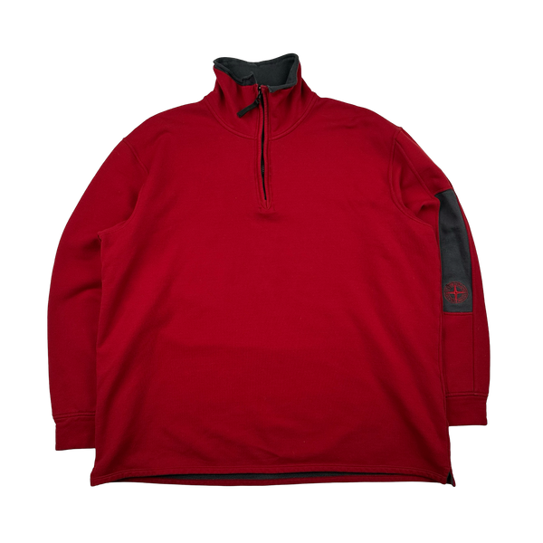 Stone Island 2003 Red  Compass Stretch Cotton Fleece Lined Quarter Zip Jumper - XXL