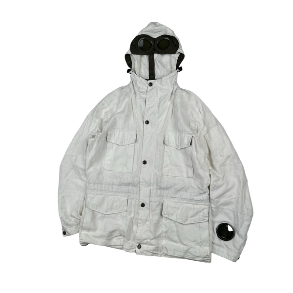 CP Company White Plated Linen La Mille Goggle Jacket - Small