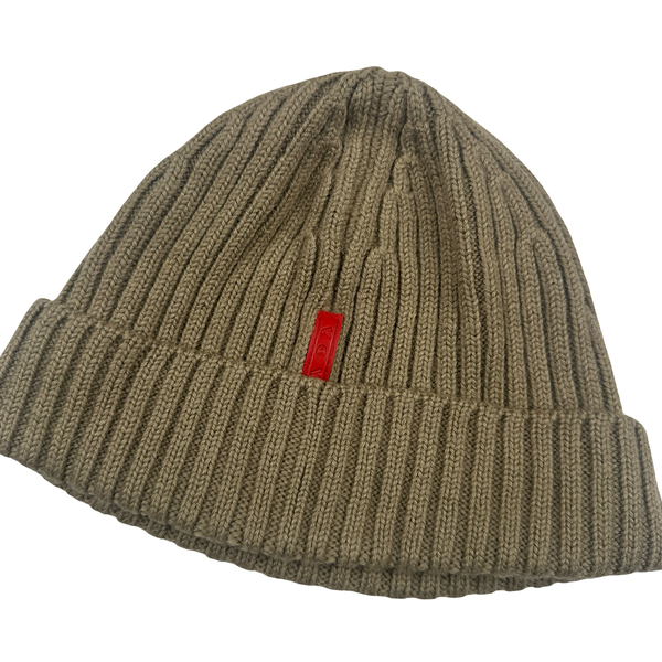 Prada Red Tab Light Olive Wool Spellout Beanie
