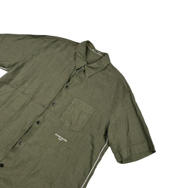 Stone Island 2004 Khaki Lino Flax Spellout Short Sleeve Shirt - XXL