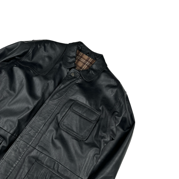 Black Heavyweight Plaid Lined Leather Jacket - Large