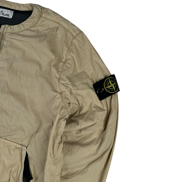 Stone Island Beige Garment Dyed Spellout Collarless Zip Up Jacket  - Large