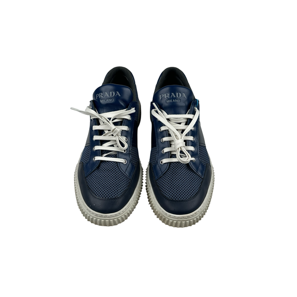 Prada Navy White Mesh Toe Trainers - UK 9