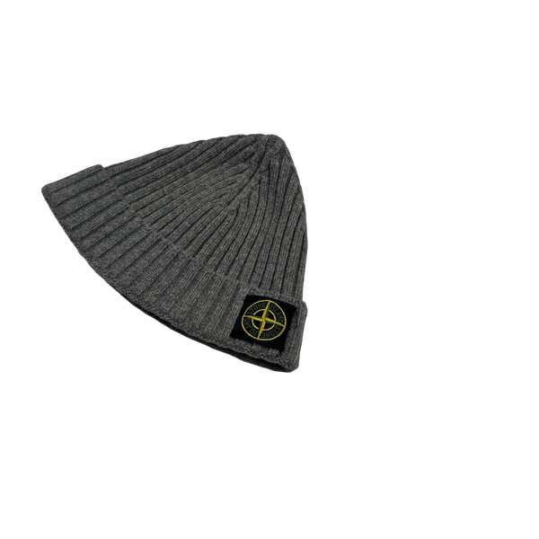Stone Island Grey Ribbed Logo Patch Beanie