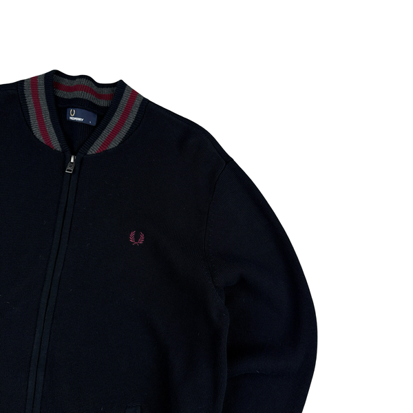 Fred Perry Black Zipped Burgundy Collared Knit Jumper - Large