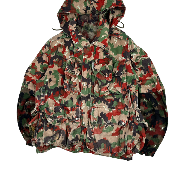 Vintage 70s Swiss Alpenflage M70 Netted Face Covering Multi-Pocket Cotton Jacket - XL