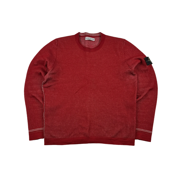 Stone Island 2009 Red Ribbed Reversable Wool Blend Crewneck Jumper - Medium