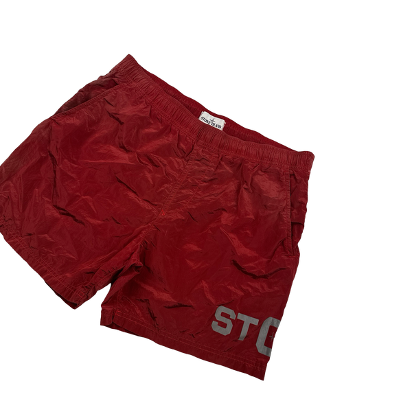 Stone Island 2016 Red Nylon Shimmer Reflective Spellout Swim Shorts - Large