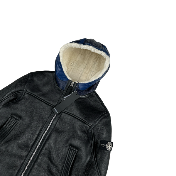 Stone Island 2021 Black Leather Shearling Special Process Jacket - Age 10
