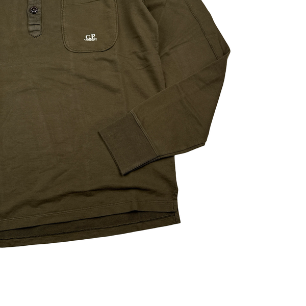 CP Company Khaki Longsleeve Spellout Cotton Polo Shirt - Large
