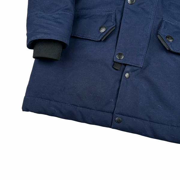 Ma Strum Navy Multi Pocket Long Quilted Fur Hood Trim Jacket - XS