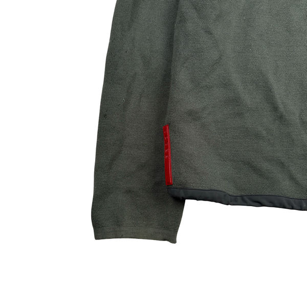 Prada Khaki Cotton Knitted Red Tab Zipped Hoodie - Large