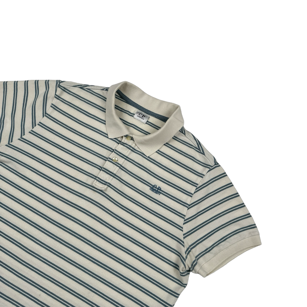 CP Company 2010 Blue Striped Spellout Cotton Short Sleeve Polo - Large