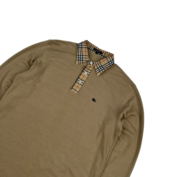 Burberry Nova Check Collared Cotton Long Sleeve Polo Shirt - Medium