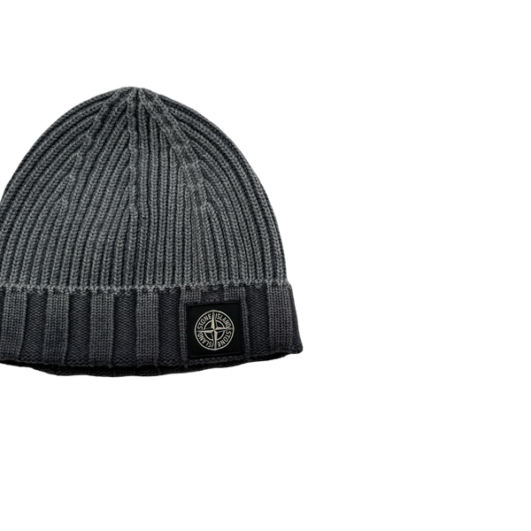 Stone Island 2017 Grey Frost Ribbed Wool Logo Beanie Hat