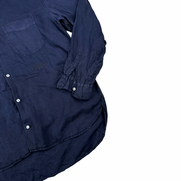 Stone Island Early 2000’s Navy Linen Spellout Buttoned Shirt - XXL