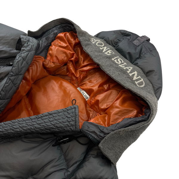 Stone Island 2007 Opaque Nylon Tela Spellout Hood Mesh Badge Long Puffer Jacket - 3XL