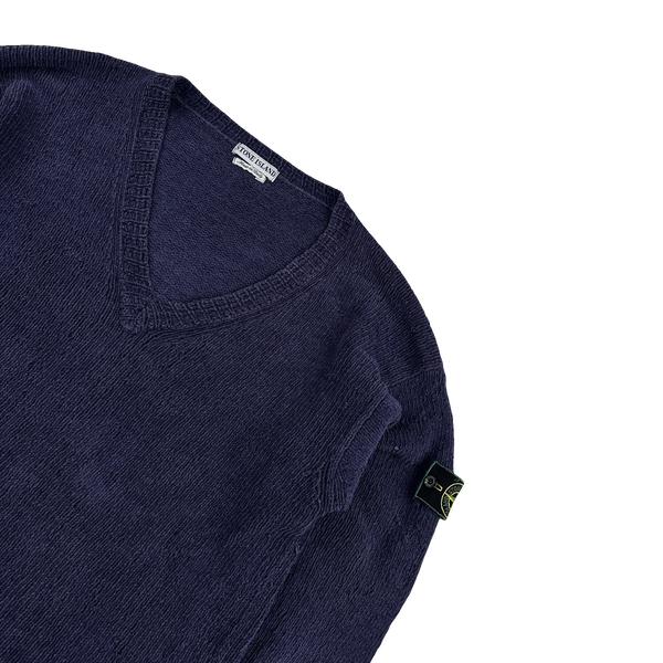 Stone Island Vintage 1998 Navy Chenille Knitted Cotton Jumper - Large