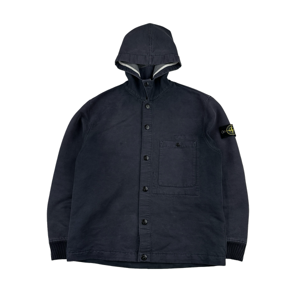 Stone Island 2001 Blue Cotton Buttoned Hooded Jacket - Large