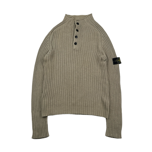 Stone Island 2004 Tan Quarter Button Cotton Knit Jumper - XL