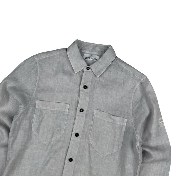 Stone Island Linen Grey Arm Logo Buttoned Shirt - Small