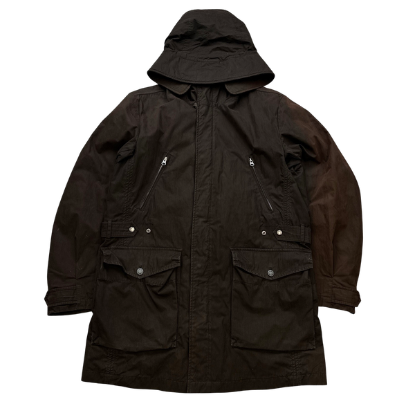 CP Company 2005 Brown Cotton Blend Lino Flax Lined Long Parka Jacket - Large